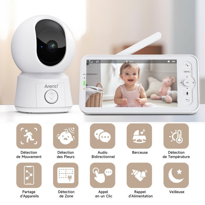 Cámara monitora para bebés ARENTI, videoportero para bebés con conexión a smartphone, monitor de vídeo para bebés con VOX y detección de temperatura.