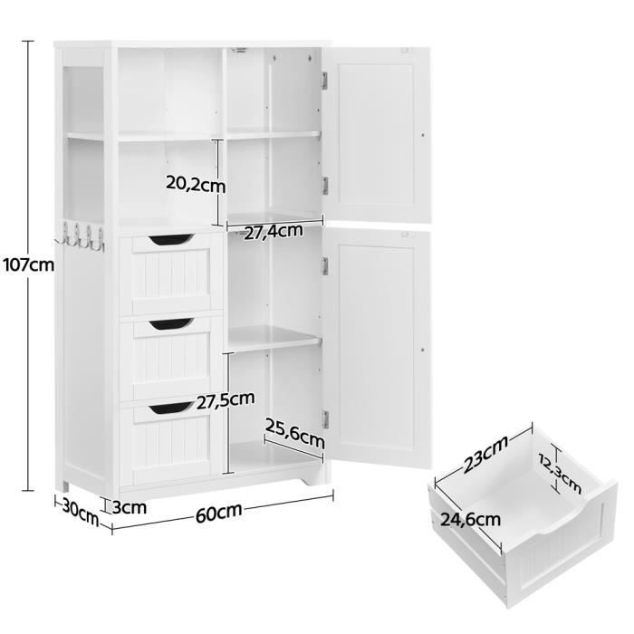 Yaheetech Armoire Rangement Salle de Bain, 3 Tiroirs 2 Casiers 4 Crochets 2 Placards, Étagère Réglable en Hauteur, 60 × 30 × 107 cm