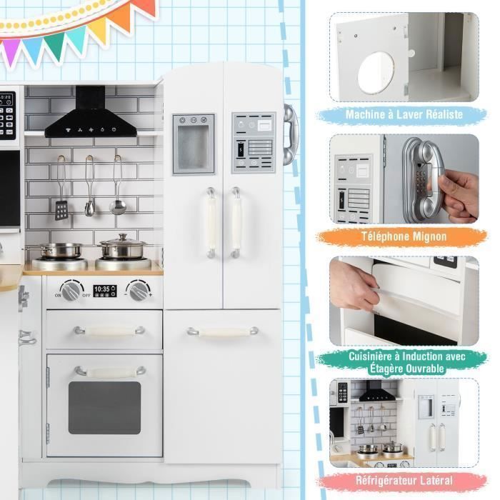 Cocina interactiva XXL para niños de COSTWAY - A partir de 3 años - 5 accesorios con teléfono de madera blanca