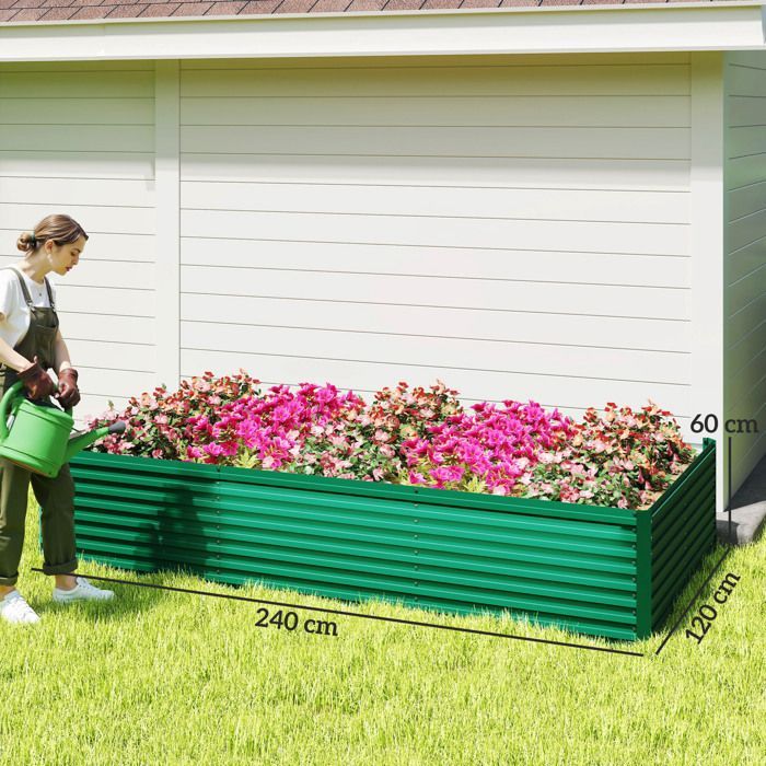 Rectangular galvanized raised planter - Outsunny - open bottom - 240 x 120 x 60cm - green