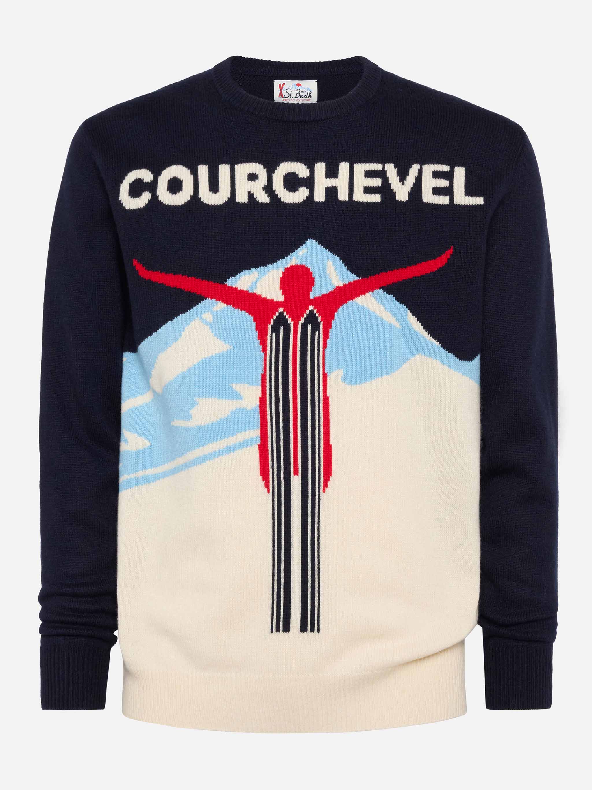 Trui met reigermotief en ansichtkaart met Courchevel-jacquardstof