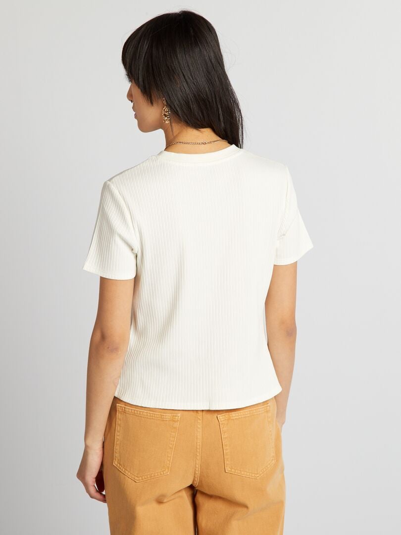 Geribbeld T-shirt met ronde hals - BEIGE