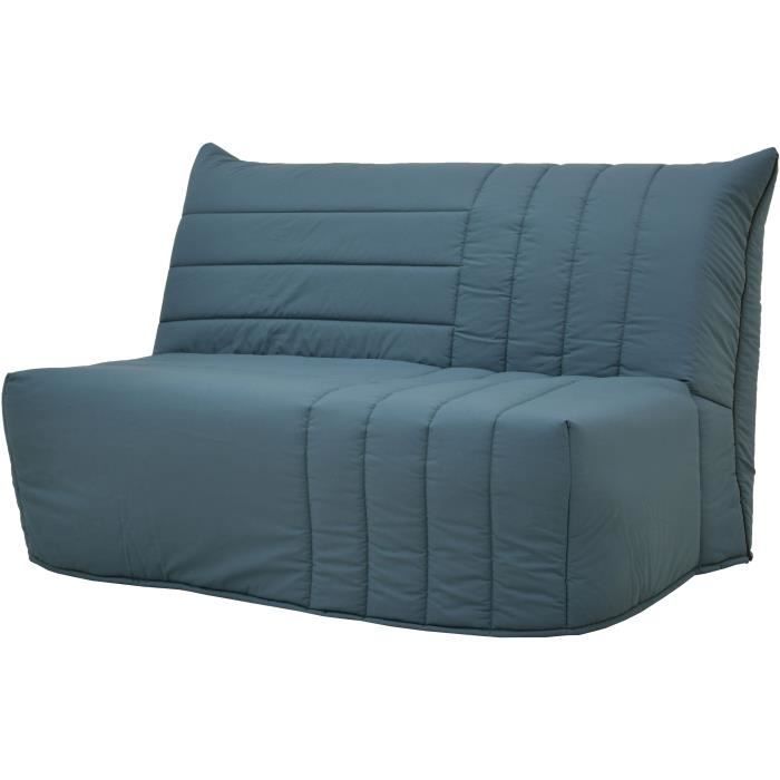 Sofá cama de 2 plazas BECCI - Tela azul prusiano - Colchón Bultex - 142 x 101 x 95 cm - Fabricado en Francia