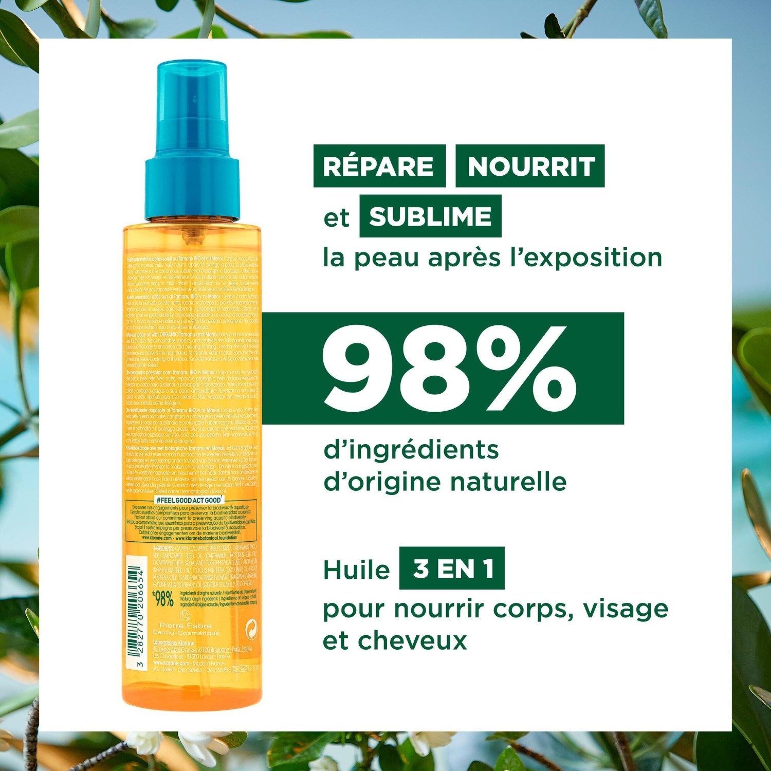 Klorane Huile réparatrice après-soleil au Tamanu BIO et Monoï