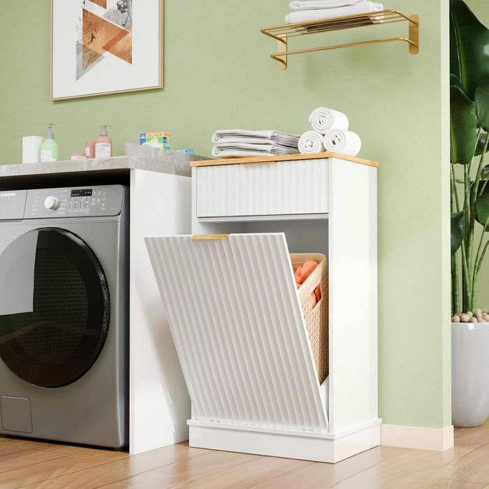 Credenza da cucina - ALIGHTUP - con anta e cassetti per pattumiera e cesto della biancheria - Bianca - 51x34x91,4 cm