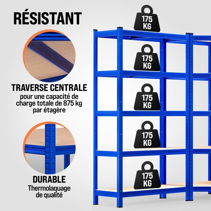 MONZANA® Juego de 3 estanterías de alta resistencia, 5 niveles, color azul, estantería metálica modular, capacidad de 2625 kg, estantería de esquina para garaje o taller.