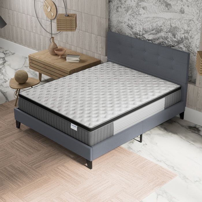 Colchón y cama (140x190cm) - Elekctra 30cm con muelles ensacados y espuma viscoelástica + base de láminas y cabecero tapizados en gris.