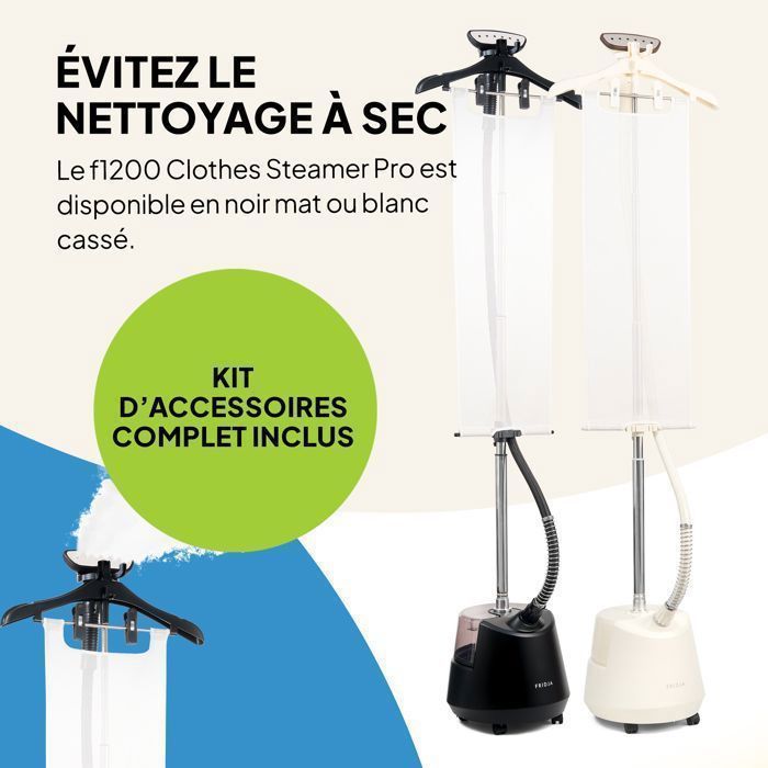 Défroisseur vapeur Fridja f1200 Pro 2200W – réservoir 3L, tige télescopique, semelle inox, accessoires