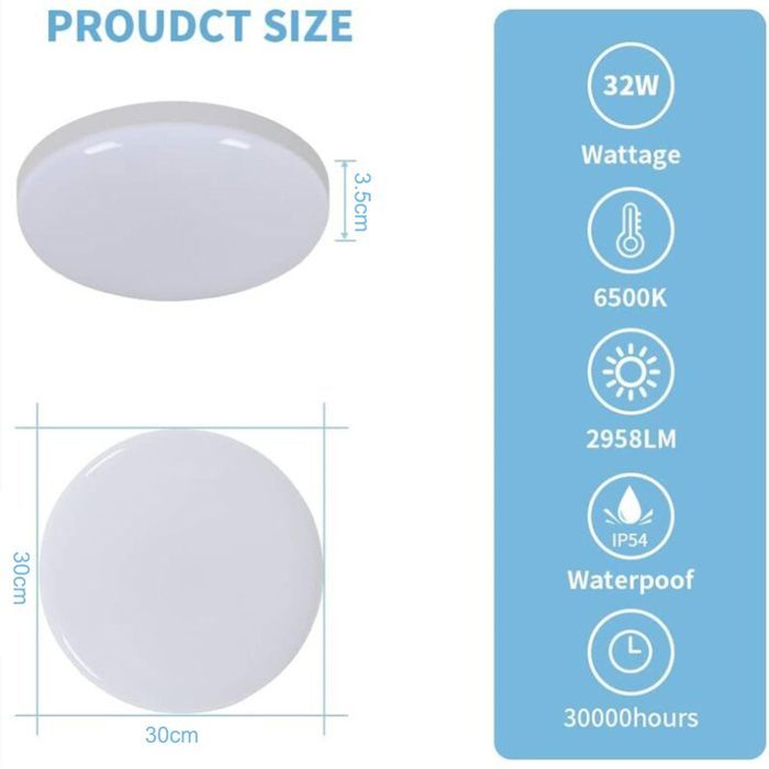 Plafonnier LED rond salle de bain : IP54, 6500K blanc froid, 30W 30cm, pour chambre/cuisine/salon