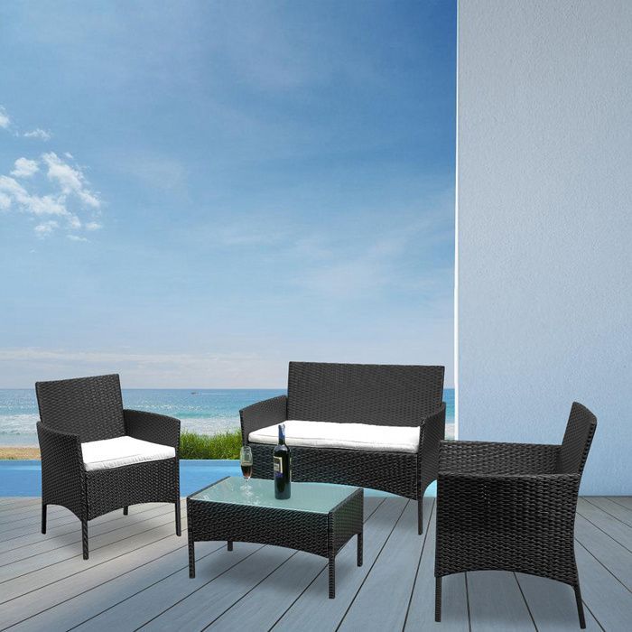 Set di mobili da giardino Riossad composto da 4 pezzi: 2 poltrone, 1 divano a due posti e 1 tavolo, colore nero, set da salotto basso da giardino.