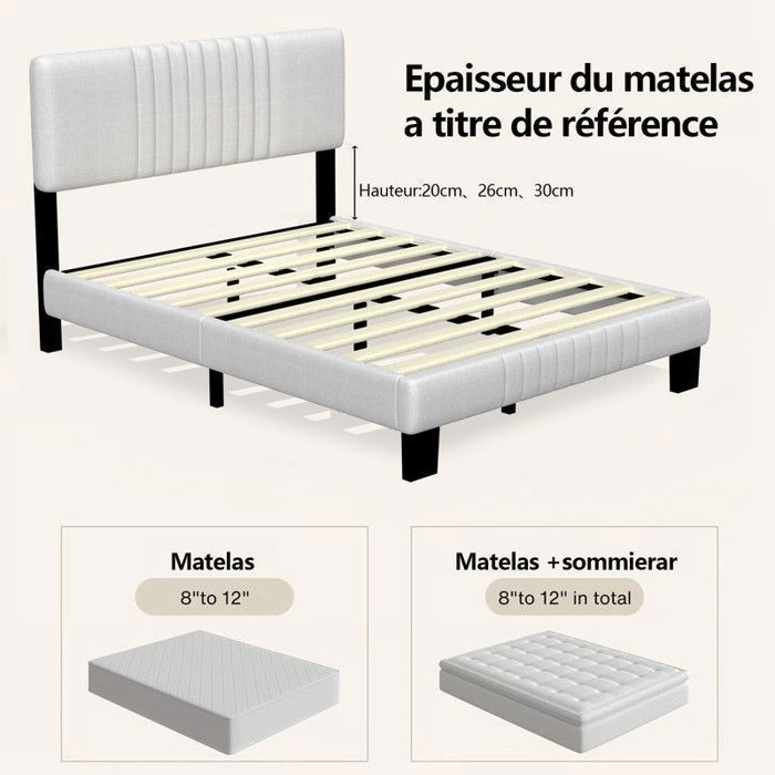Lit Adulte 140x190 cm- Structure de Lit avec Sommier à Lattes - Lit Capitonné avec Tête de Lit - Lit pour 2 Personne - tissu en lin