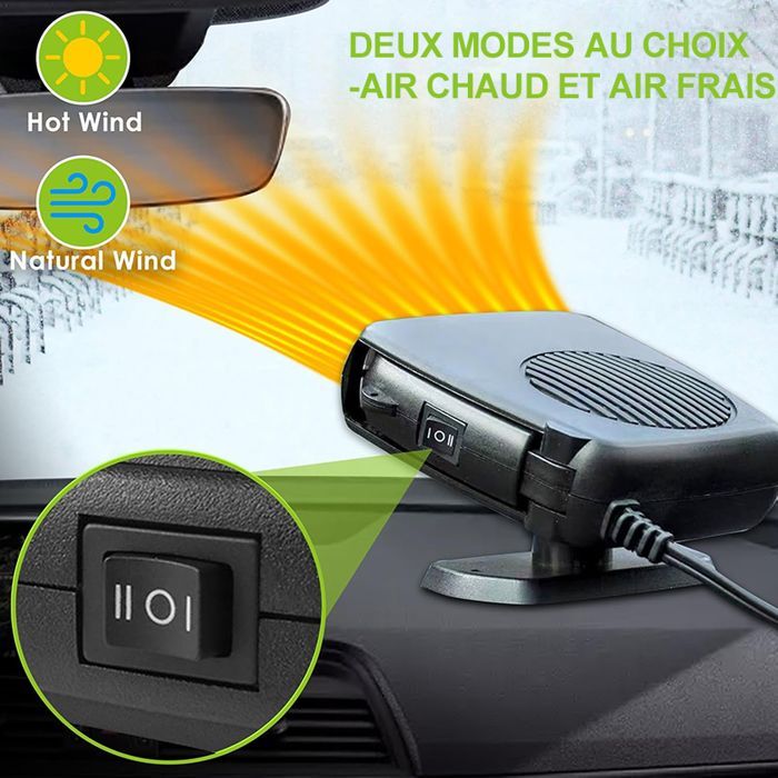 Dégivreur de pare-brise portable 12V 150W, se branche sur l'allume-cigare, chauffage rotatif à 360 degrés.