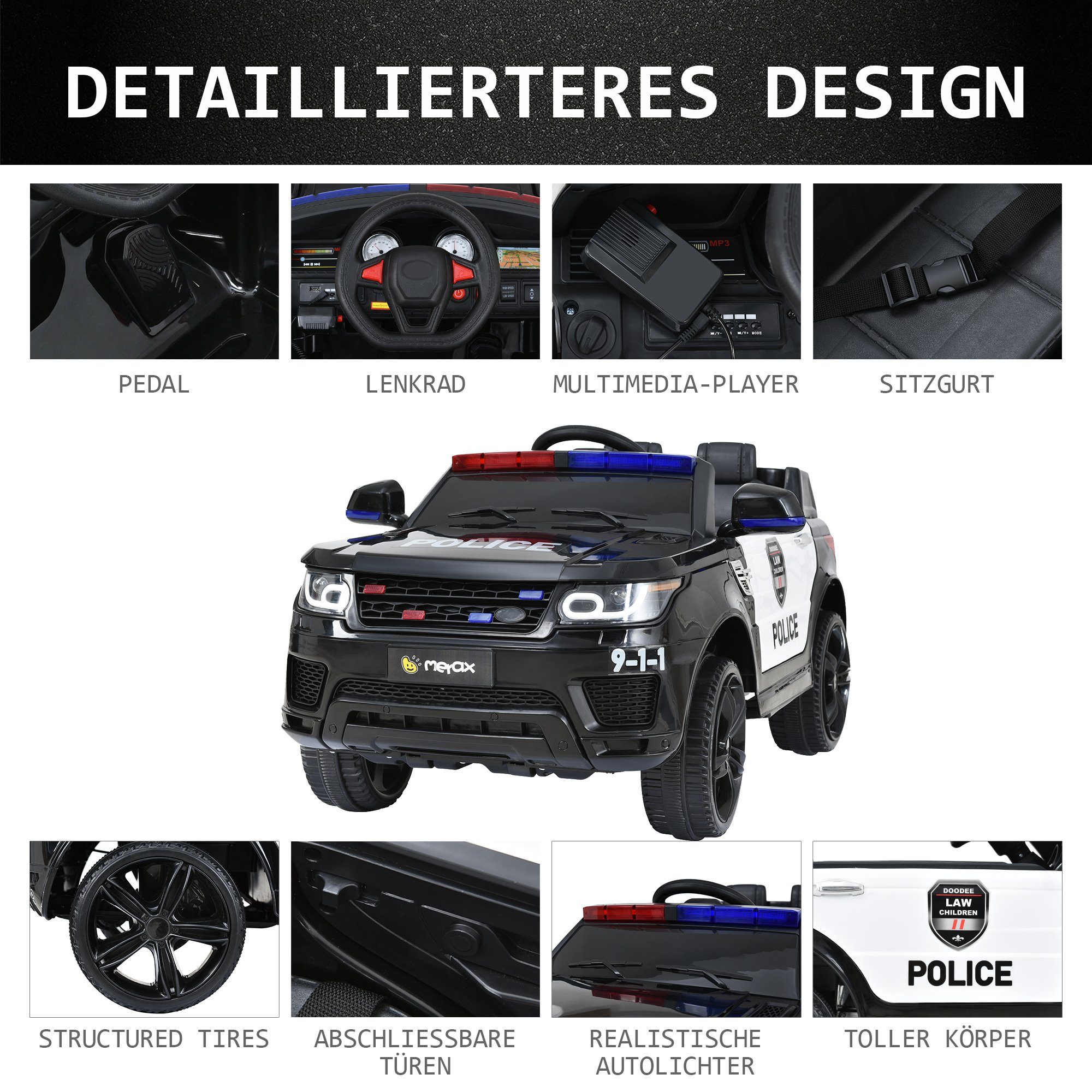 Merax elektrische kinderauto met USB, AUX en Bluetooth inclusief afstandsbediening, laadvermogen 30 kg, elektrische politieauto, kinderauto