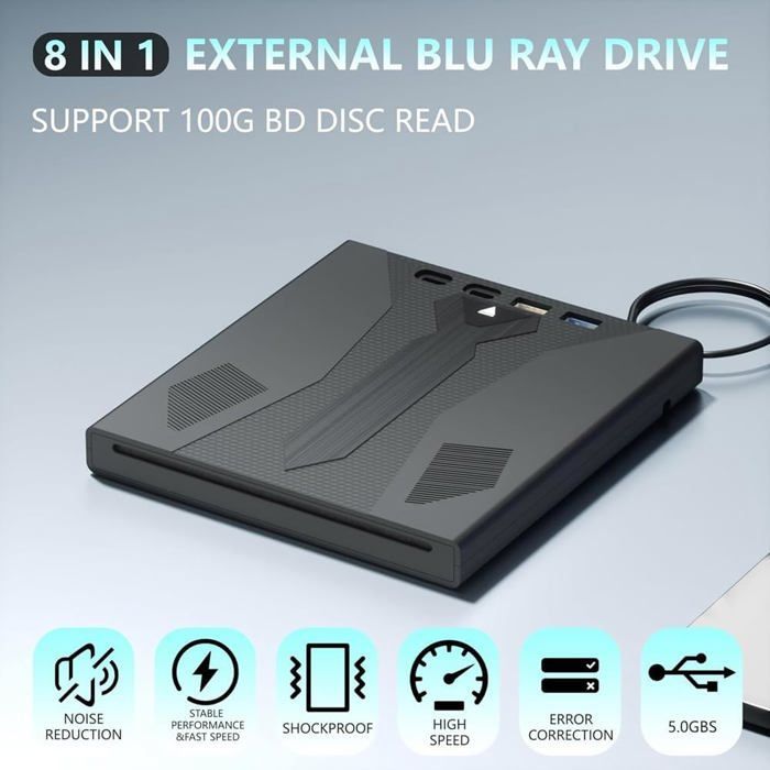 External Blu-ray drive with USB 3.0 & Type-C, supports 100GB discs, compatible with PCs/laptops.