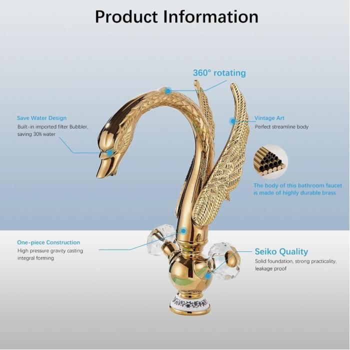 Grifo de lavabo dorado, grifo mezclador de latón para lavabo, diseño en forma de pájaro, grifo mezclador de agua caliente ajustable para baño.