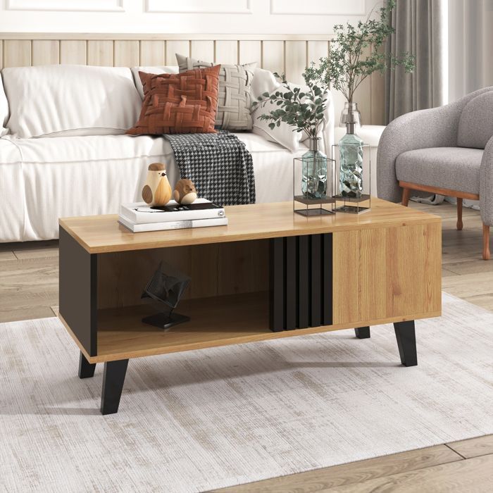 ELVMI Table Basse Fonctionnelle avec Tiroir Latéral, Rangement Intégré, Structure Solide - Naturel, 100x60x45 cm