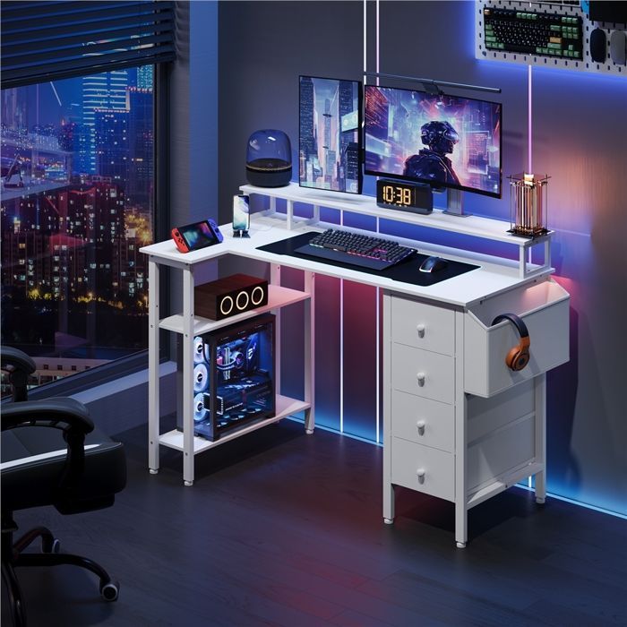 Bureau Gamer en L Réversible 120 cm, Support d'écran, 4 Tiroirs et Prises USB, en Bois pour Travail et Gaming, Blanc YAHEETECH