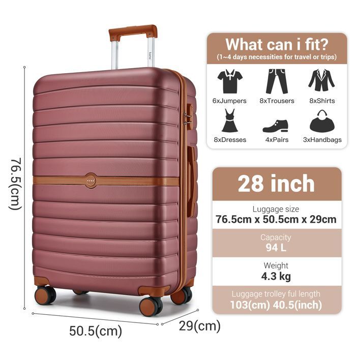 Maleta de viaje grande Kono de 76,5 x 50,5 x 29 cm, ABS+PC, carcasa rígida, 4 ruedas y cerradura, carrito de viaje, 94 L, roja