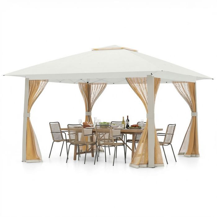 Tonnelle de Jardin Réception 394 x 394cm-COSTWAY- Pop-Up Hauteur Réglable à 3 niveaux -6 à 8 Personnes-Anti-UV Pliable Beige