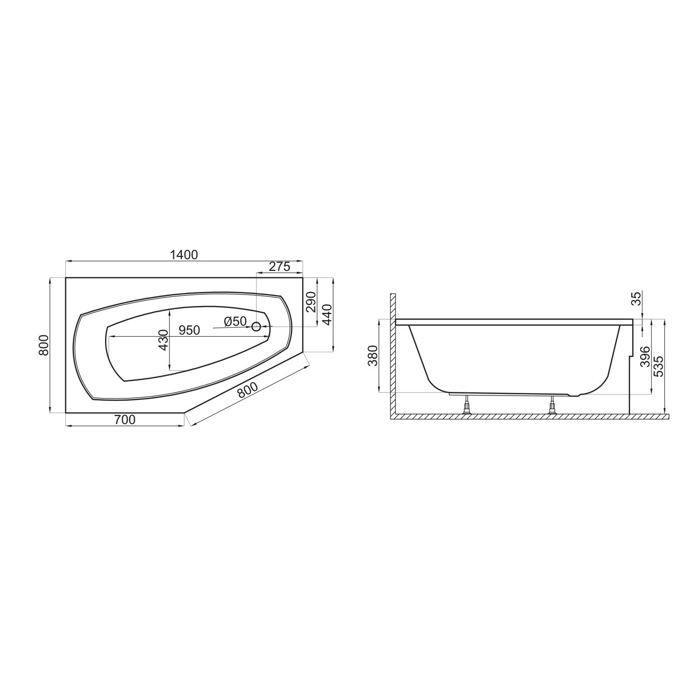 Baignoire Bain d'angle 140x80 Gauche, Siphon de bain et pieds 3en1 - MARIKA