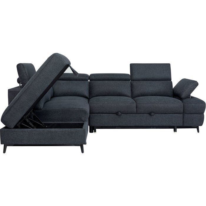 Convertibele hoekbank - 5 zitplaatsen - NINA - Zwarte stof - Opbergvak - 255 x 208 x 73 cm