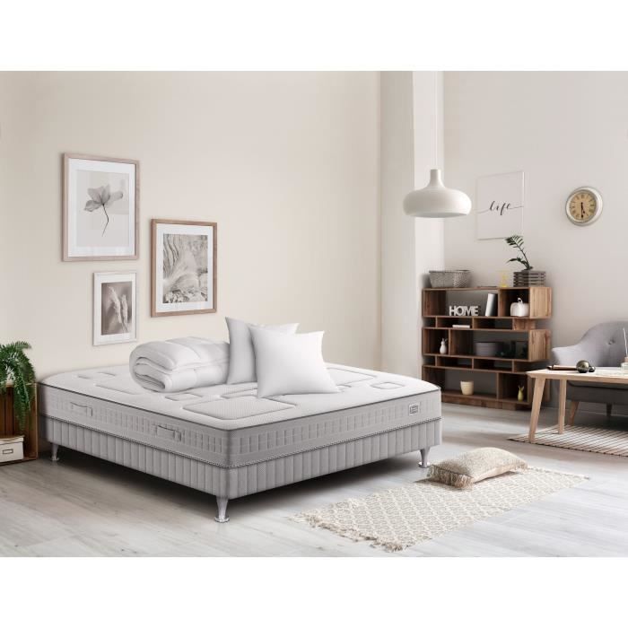 Ensemble matelas sommier 160 x 200 SIMMONS + Couette Oreillers - Hauteur 25 cm - Ressorts Sensoft - Fabriqué en France -  SW3