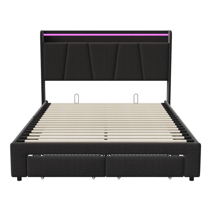 Cama de almacenamiento de 140 x 190 cm con somier de láminas, cama doble con LED y USB, piecero con cajón, cama con somier de láminas