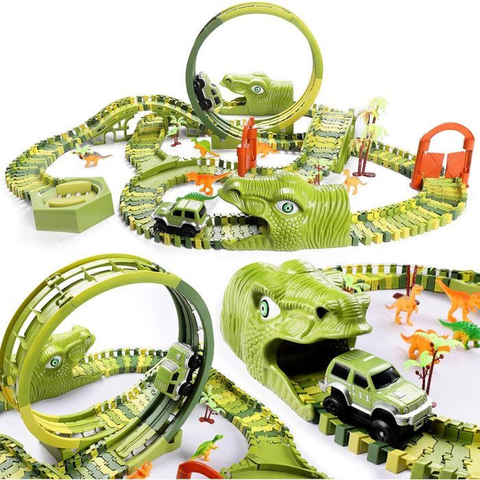 Coche eléctrico de dinosaurio - Set de pista de 240+29 piezas con túnel, puente y mini coches - Juguete modular de dinosaurio para armar