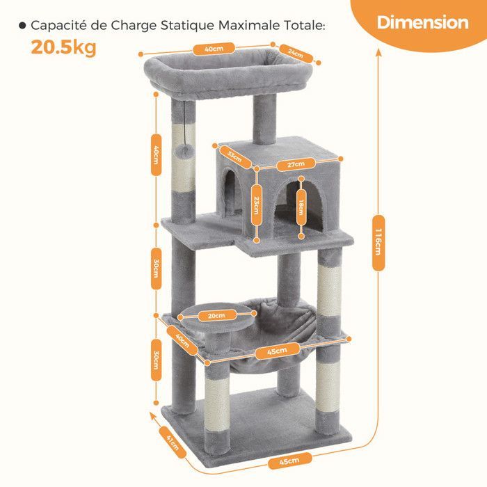 PAWZ Road krabpaal, ruim ontwerp, grote, stevige en stabiele hangmat met hangmat en prachtig kattenhuis - middelgroot, grijs, 116 cm