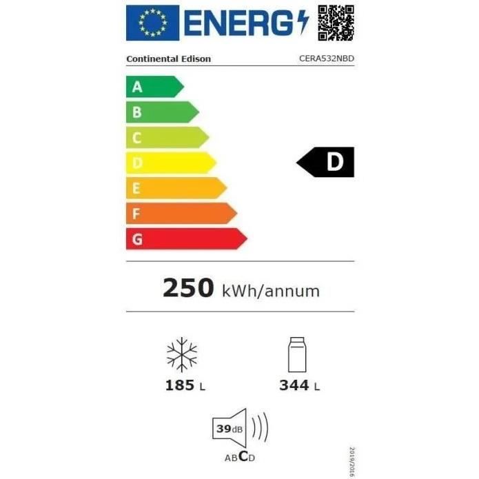 Frigorifero americano Continental Edison - CERA532NBD - 2 porte - 529 litri - L90 cm x H177 cm - Classe energetica D - Nero