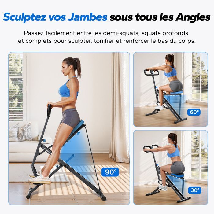 Machine à Squat et Rameur – MERACH - Résistance Réglable - Pliable - Max 160 kg -Écran LCD - Pour Abdos/Jambes/Dos - Gris
