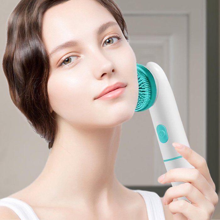 Vibrating electric facial cleansing brush, rechargeable and waterproof, ideal for daily use at home or in