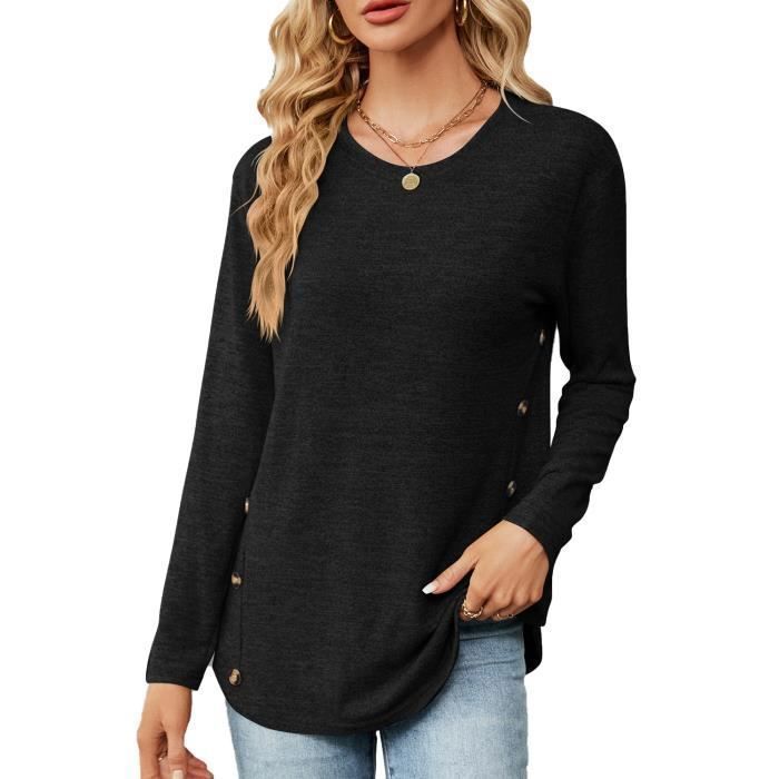 Jersey holgado de manga larga para mujer, color liso, con botones, ideal para primavera y otoño - Talla europea - Negro