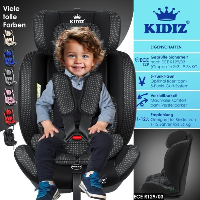 Seggiolino auto per bambini e neonati KIDIZ® 9-36 kg Gruppo 1+2+3 Cintura di sicurezza a 5 punti Poggiatesta regolabile ECE R129/03 Nero