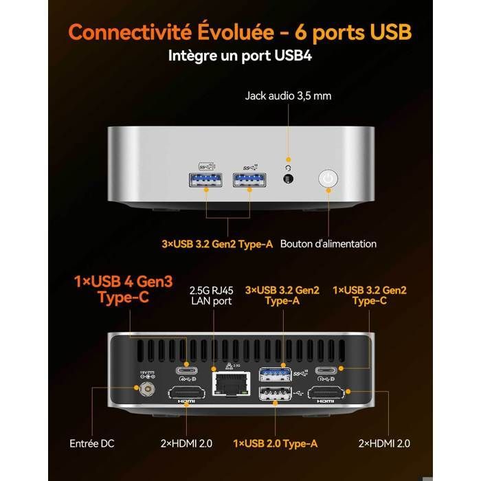 GEEKOM A8 Mini PC - AMD Ryzen 7 8745HS, 16 Go DDR5 évolutifs, 1 To SSD, Radeon 780M, 6x USB, Windows 11 Pro