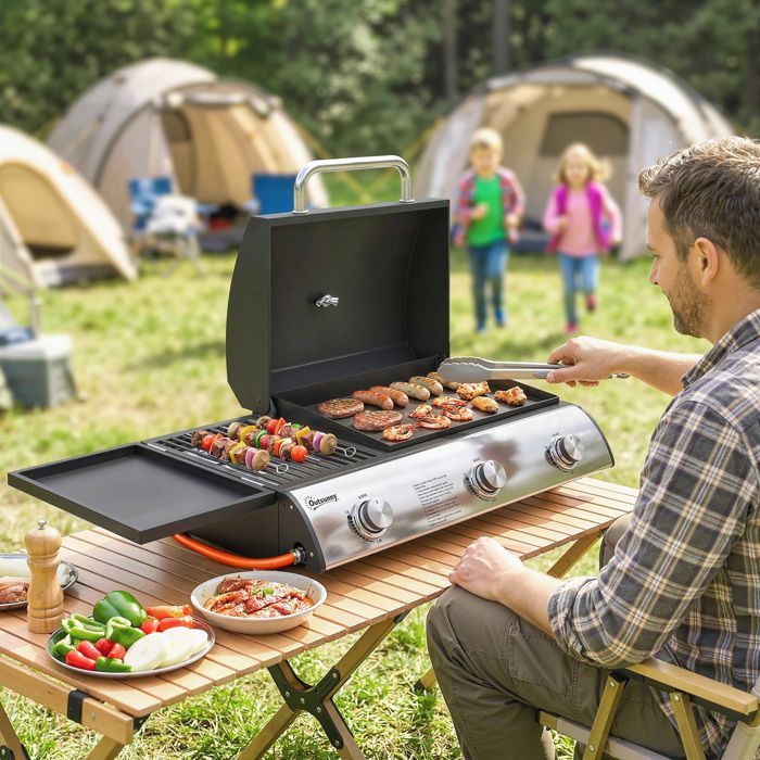Tabletop gas barbecue - Outsunny - combination grill and griddle with lid and thermometer - stainless steel - 77x47x27cm - black