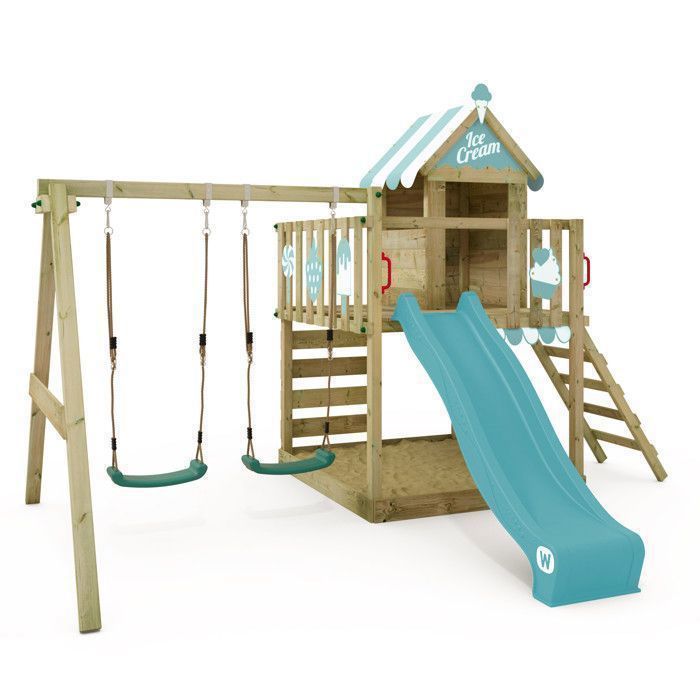 Zona de juegos de madera WICKEY Smart Candy con tobogán azul pastel de 220 cm, columpio doble y casita de juegos – 10 años de garantía*