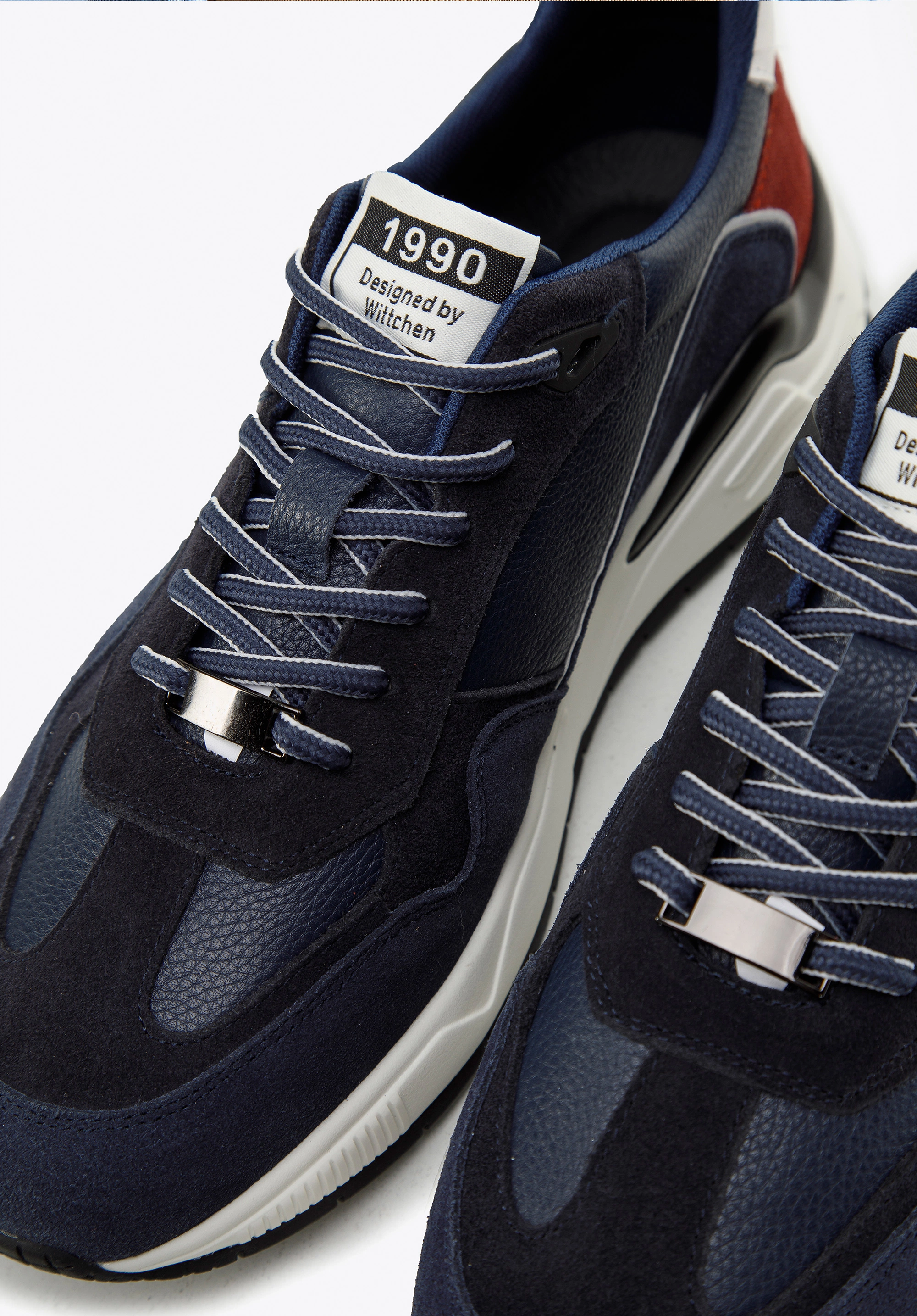 Męskie sneakersy skórzane z motywem w jodełkę niebiesko-czerwone
