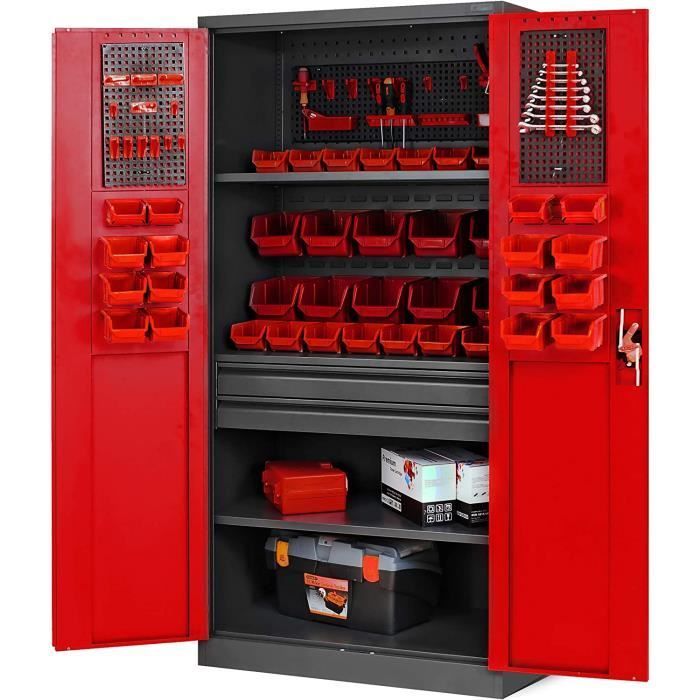 Armoire à Outils TC02AM Armoire Meuble d'atelier avec tiroirs Portes battantes 3 étagères 185 x 92 x 50 cm (Anthracite/Rouge)