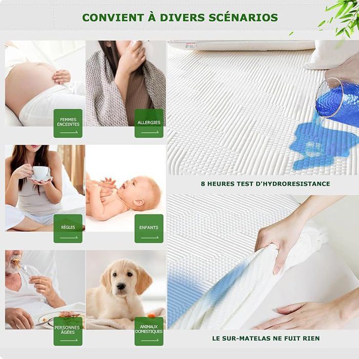 Protetor de colchão 160x190 cm em fibra de bambu, certificado Oeko-Tex, impermeável e respirável, tamanho 160 x 190 x 40 cm