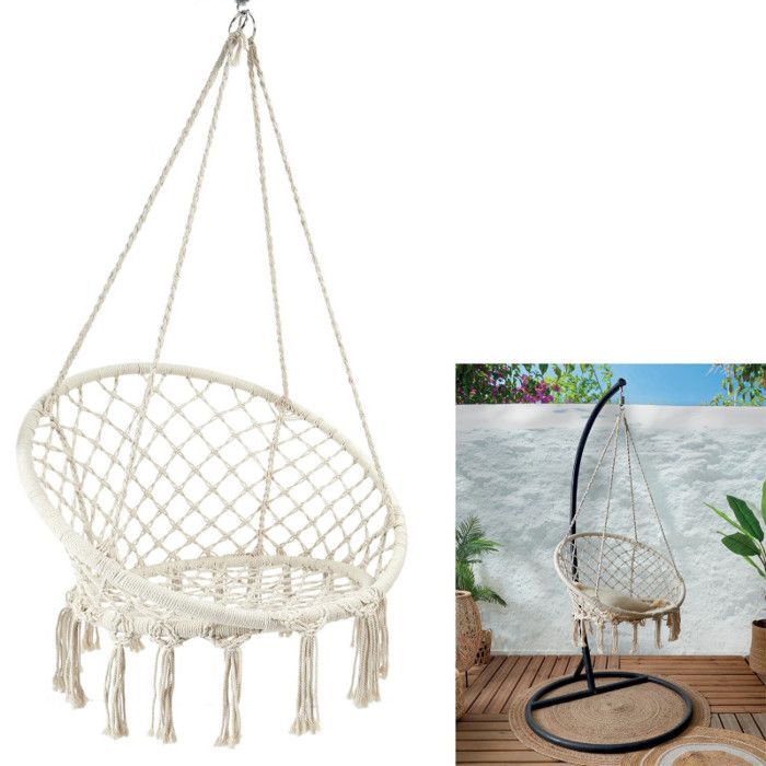 Sedia a dondolo - Home Deco Factory - Macramè - Stile bohémien - Beige