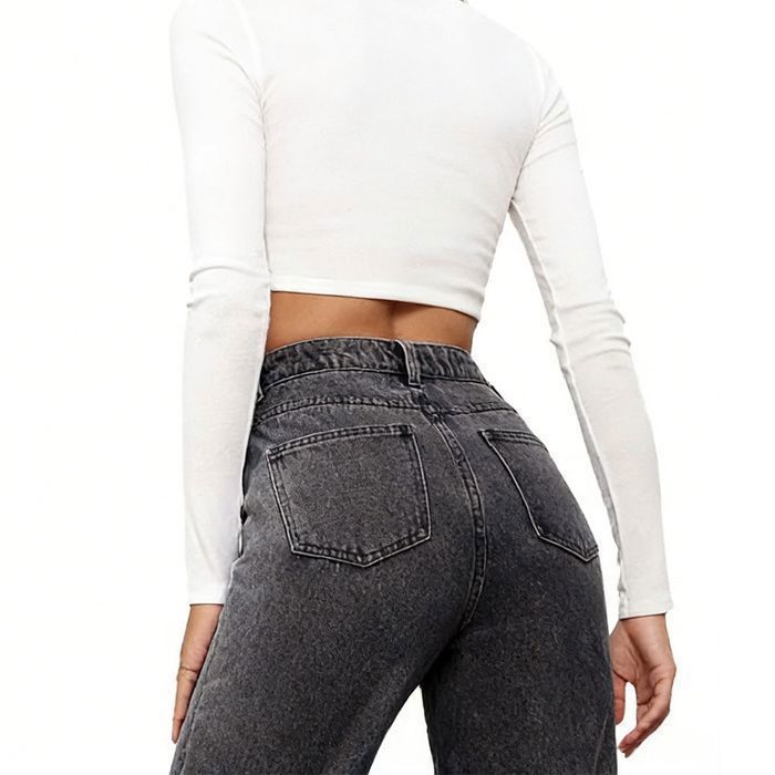 Pantalones vaqueros de mujer, talle alto, corte recto, estilo casual, muy elásticos, vaqueros ajustados de moda - Negro