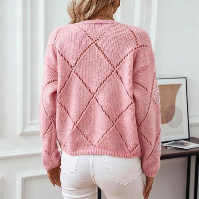 Jersey de cuello redondo para mujer, colección otoño-invierno 2025, diseño calado con lentejuelas, punto de rombos elegante - Rosa