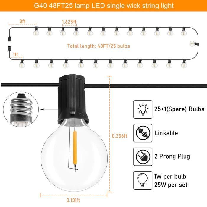 Luci a stringa LED per esterni da 15 m - BLEOSAN - 25 lampadine G40, plastica, impermeabili IP44