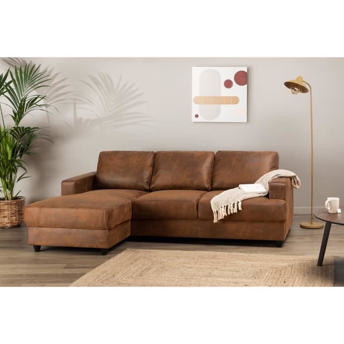 Sofá esquinero izquierdo PAUL, 4 plazas - Tela marrón vintage - Estilo contemporáneo - Ancho 215 x Profundidad 140 cm - Fabricado en Ucrania