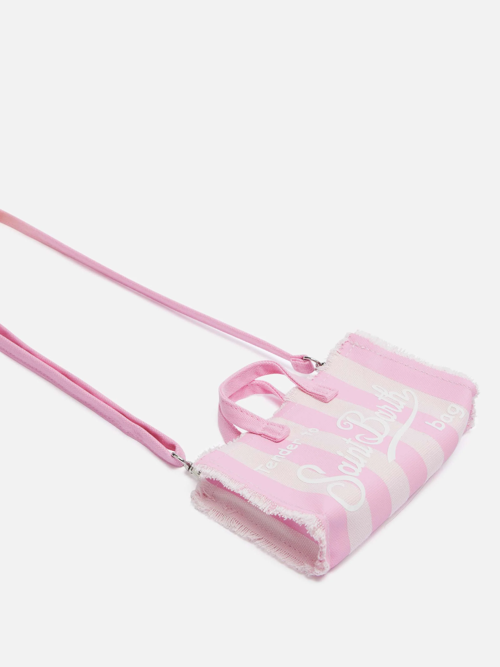 Telefoontasje van katoenen canvas met roze streepjesprint.