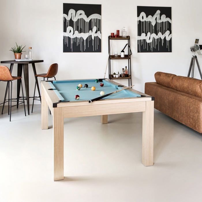 Table de billard convertible bois clair tapis bleu clair - Eddie - Rendez-Vous Déco