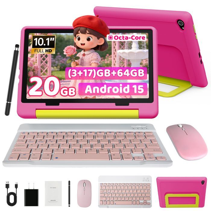 Tablette Enfant 10'' Android 15, 64Go ROM Extensible à 1To, Contrôle Parental, inclut Clavier, Stylet et Étui de Protection, Rose