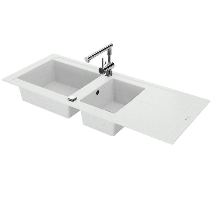 Built-in kitchen sink with 2 bowls in mineral resin, white, 117 x 50 cm