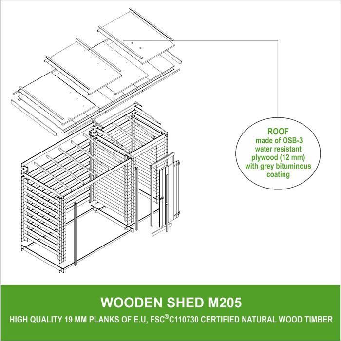 TIMBELA wooden garden shed - 348x146 cm - Pine/spruce - 19 mm thick - M205